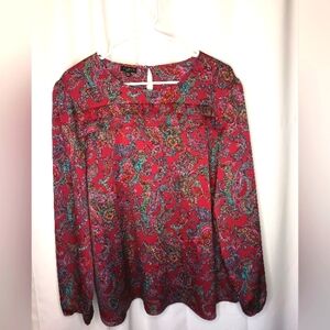 Talbots 2XP Red Paisley Peasant Top Ruffle Satin Peasant Gold Button Classic